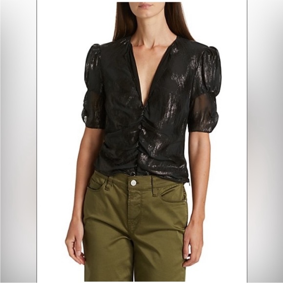 FRAME Sparkly Black Puff Sleeve Ruched Keyhole Metallic V Neck Silk Blend Top S - Picture 2 of 12